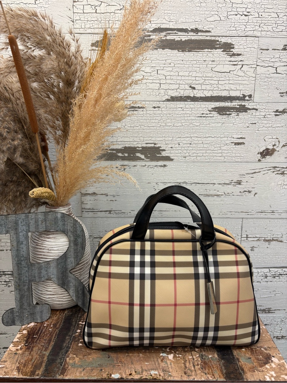 Burberry COA Bowling Bag Beige Plaid Dome Satchel with Black Trim